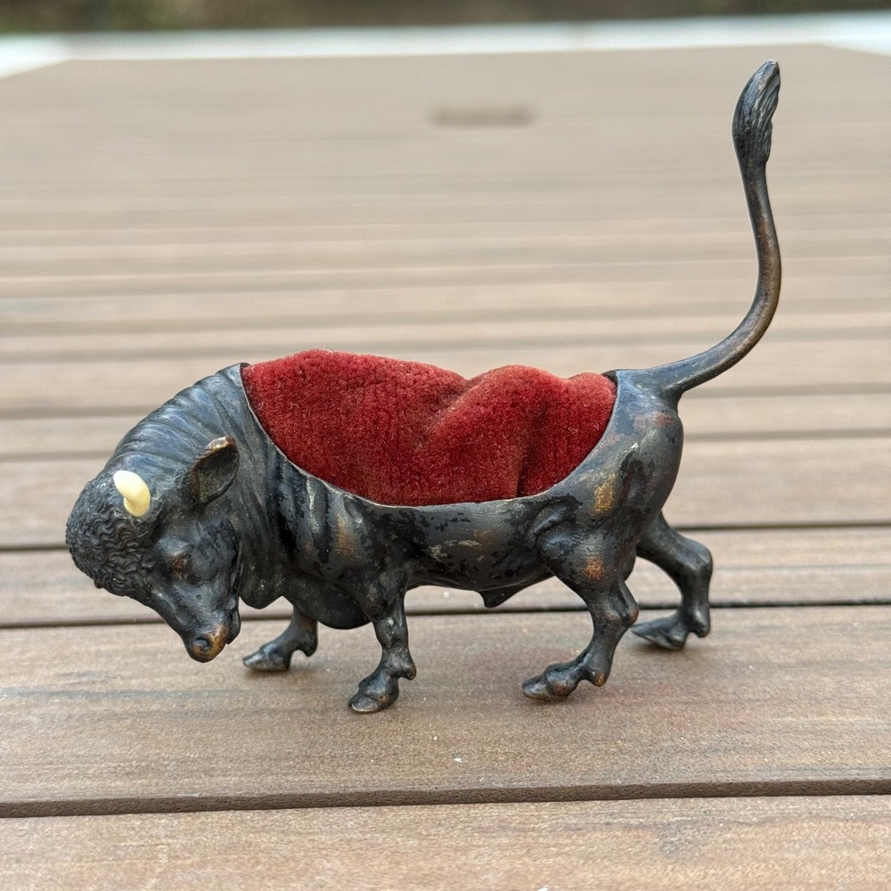 Vintage Bronze Bull Pin Cushion Figurine Animal Decor Sewing Collectible 1900s